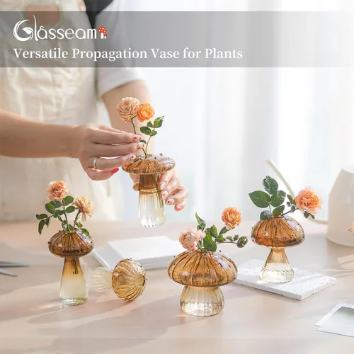 Miniatura 2 de Glasseam Jarrón de Seta de Cristal Ámbar: Lindo Juego de Jarrones Pequeños para Flores de 5 Jarrones Únicos Mini para Capullos para Centros de Mesa