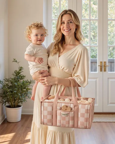 Miniatura 6 de Blissful Diary Organizador de pañales a cuadros, elegante cesta de almacenamiento para guardería, regalo para baby shower, artículos esenciales