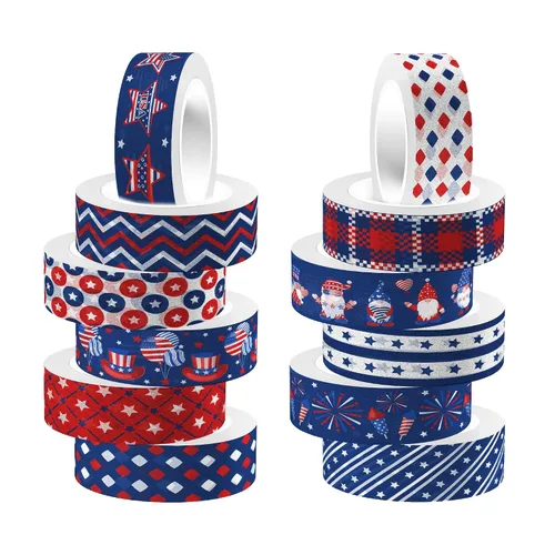 Adirasenotek Washi Tape - Juego de 12 rollos de cinta Washi cinta de embalaje patriótica de la bandera estadounidense, cinta adhesiva de papel