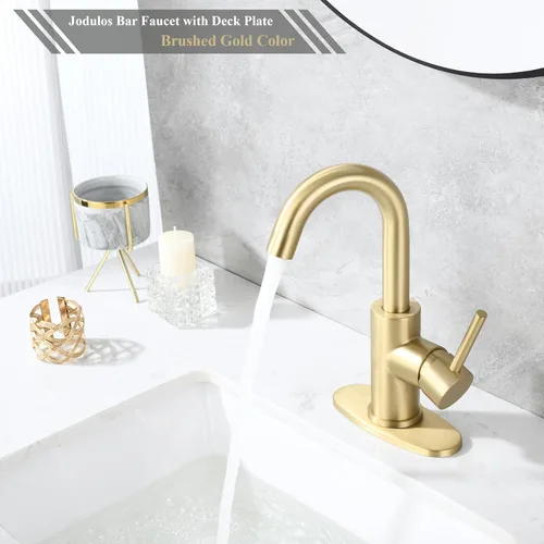 Miniatura 6 de Grifo de lavabo de barra dorado cepillado con placa de cubierta y líneas de suministro, de un solo agujero, de acero inoxidable, de un solo mango