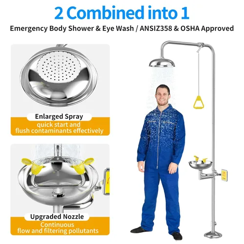 Miniatura 2 de Combinación de ducha de lavado de ojos de emergencia, estaciones de lavado de ojos de seguridad, acero inoxidable 304 grado industrial y comercial