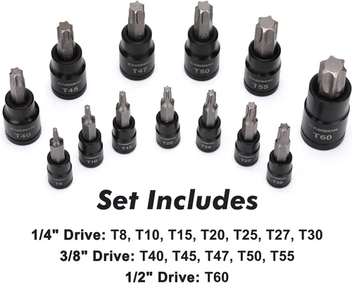 Miniatura 6 de CASOMAN Juego de 25 piezas de dados Torx y enchufes externos, 13 puntas de enchufe estrella (T8- T60) y 12 enchufes E-Torx hembra (E4-E22)