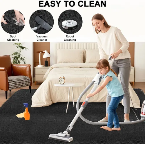 Miniatura 8 de Alfombra negra lanuda para sala de estar o dormitorio, ultra suave y esponjosa, alfombra peluda de 4 x 6 pies, alfombra de noche de felpa