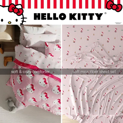 Miniatura 5 de Franco Hello Kitty Sanrio Juego de edredón y sábanas para Navidad y festividades suaves con funda, 5 piezas, tamaño individual (producto oficial)