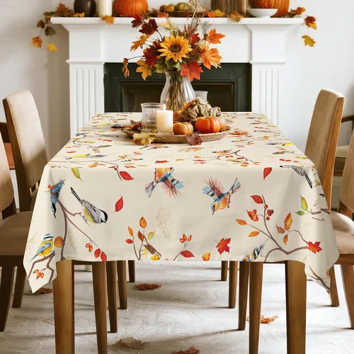 Miniatura 3 de Mantel rectangular de ramas de pájaros de otoño impermeable, mantel de hojas de arce resistente a las manchas, mantel lavable para decoración