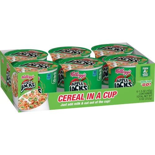 Kellogg’s Apple Jacks - Cereales fríos para el desayuno en tazas, 8 vitaminas y minerales, bocadillos para niños, sabor original (paquete de 12