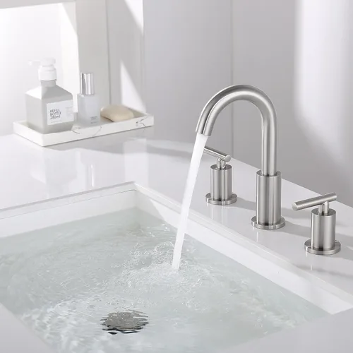 Miniatura 6 de Grifo de baño extendido con desagüe de lavabo y manguera de suministro, grifo de níquel cepillado de 3 orificios para lavabo de baño, grifo de baño