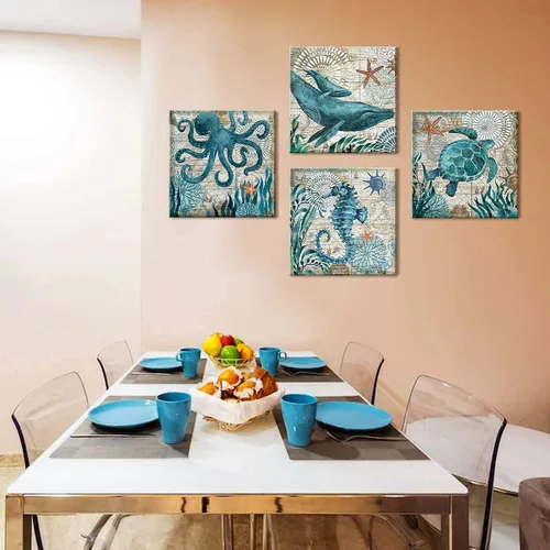Miniatura 4 de YOOOAHU - 4 unidades de arte de pared de impresión en lienzo con diseño de océano, animales marinos, tortuga marina, caballito de mar, ballena, Verde