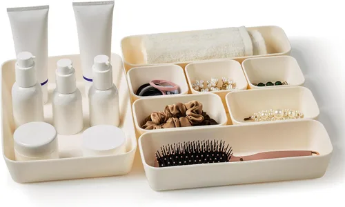 Miniatura 11 de ISSEVE 8 bandejas organizadoras de cajones de silicona anidables, 4 tamaños versátiles para tocador de baño y escritorio, juego de contenedores