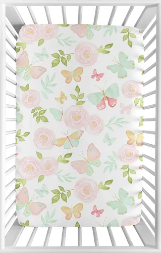 Miniatura 4 de Sweet JoJo Designs Sábana bajera ajustable para cuna portátil para bebé niña coral y turquesa para colección de plumas, para mini cuna o paquete