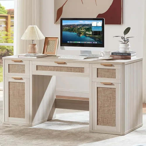 Miniatura 11 de LEYAOYAO Office Desk 56" with 5 Drawers Storage File Cabinet Rattan Wood Desk for Computer Office Bedroom Home Furniture Black