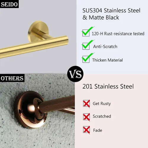 Miniatura 2 de SEIDO Toallero de acero inoxidable 304 para pared de baño, longitud útil de 9.6 pulgadas, barra de toalla de mano dorada cepillada, barra de toalla