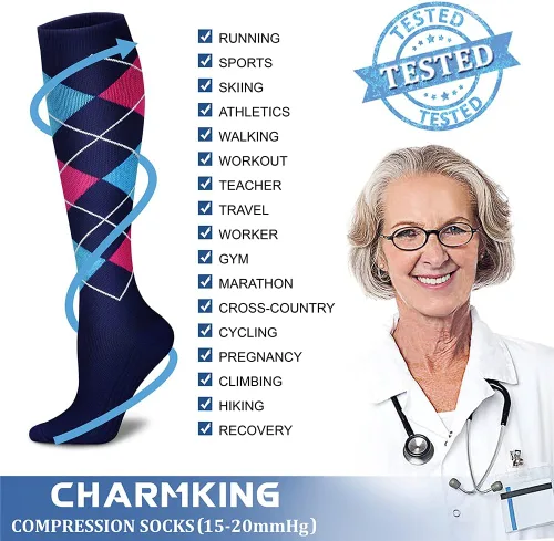 Miniatura 5 de CHARMKING 6 pares de calcetines de compresión para mujeres y hombres, el mejor apoyo para enfermeras, correr, atletismo, viajes de vuelo
