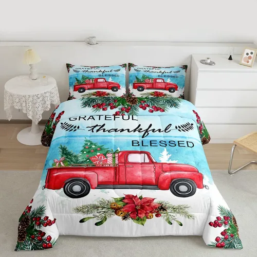 Miniatura 4 de Juego de edredón de Feliz Navidad para niños, tamaño twin, juego de ropa de cama de camión rojo árboles de pino copos de nieve, decoración