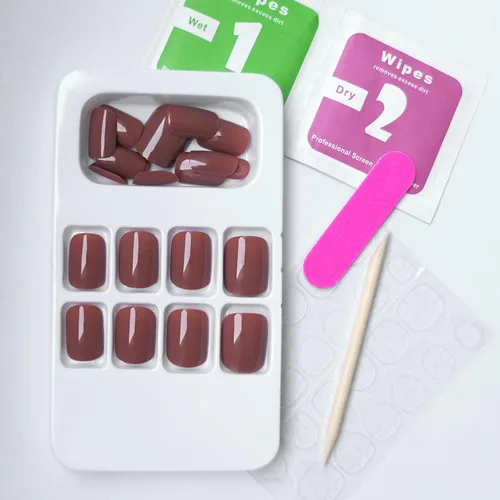 AddFavor Juego de 24 uñas postizas cuadradas cortas a presión, color marrón, uñas postizas cuadradas de gel, uñas postizas acrílicas a presión con
