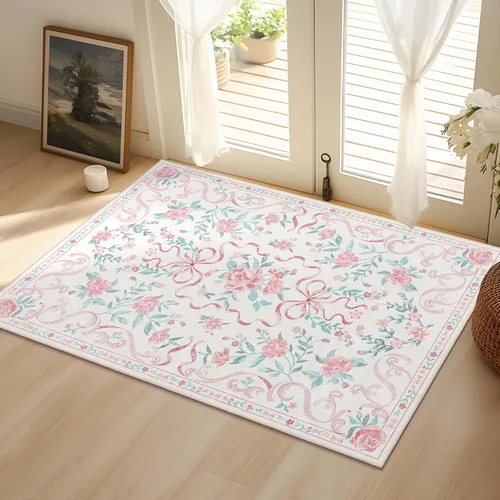 Miniatura 39 de Alfombra de área de 5 x 7 pies para sala de estar, alfombra verde boho antideslizante lavable, alfombra vintage de pelo bajo, alfombra grande