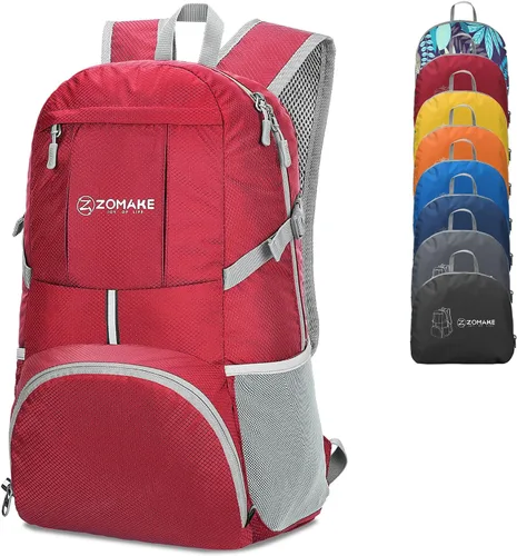 ZOMAKE Mochila Ligera Empacable de 35L, Mochilas Ligeras Plegables Resistentes al Agua Bolsa de Senderismo Colapsible, Paquete de Día Plegable Rojo