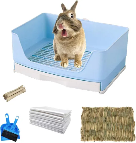 kathson Caja de arena de conejo, caja de arena grande para conejo con rejilla de cajón, inodoro para mascotas, inodoro de esquina para erizo, caja