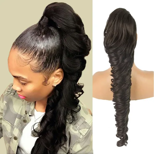 Miniatura 7 de KRSI Extensión de cola de caballo larga y ondulada con cordón, 28 pulgadas, 1B#, para mujeres, clip de cabello negro, cabello sintético, extensión