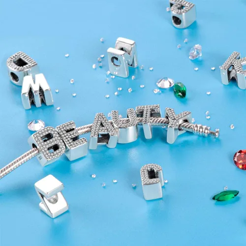 Miniatura 3 de CINKOLA Dijes de plata de ley 925 con letras del alfabeto A-Z con piedras cúbicas, colgantes aptos para pulseras europeas originales, dijes, joyería
