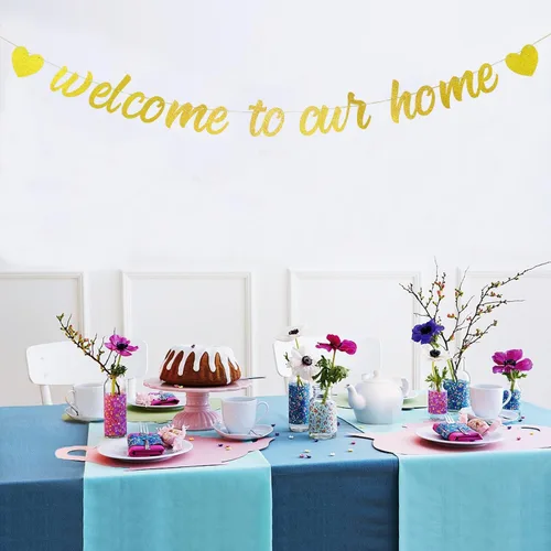 Miniatura 6 de Starsgarden Cartel dorado con purpurina "Welcome to Our Home" para inauguración de la casa, decoración militar patriótica, suministros para fiestas