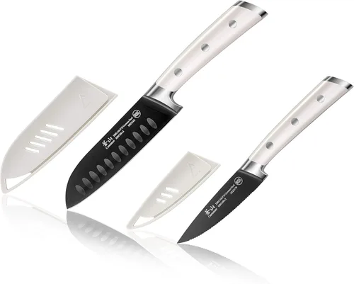 Cangshan S+ Series 1022100 - Juego de cuchillos de iniciación Santoku de acero alemán forjado de 2 piezas con revestimiento de titanio, con vainas,
