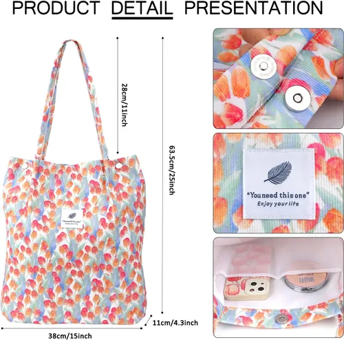 Miniatura 23 de Ayieyill - Bolsa de pana para mujer y niña, con correa de lona para colgar al hombro, bolsa con bolsillo