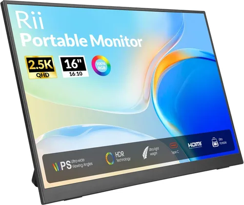 Rii Monitor portátil, 16 pulgadas 144Hz QHD 2.5K 2560X1600 100% sRGB, pantalla externa ultra delgada y ligera con altavoz, USB-C HDMI segunda