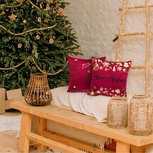 Miniatura 4 de TAJWE - Juego de 2 fundas de almohada decorativas de Navidad, 45 x 45 cm, Merry Christmas, rojo y dorado, decoraciones de invierno, árboles