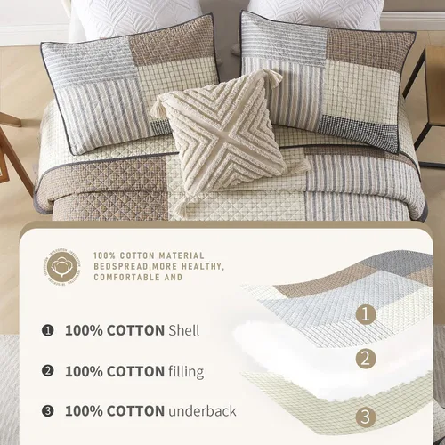 Miniatura 6 de Finlonte Colcha Tamaño King 100% Algodón Ligera Suave Colcha King de Patchwork Real a Cuadros Acolchada Cubrecama Marrón Beige Gris Colcha