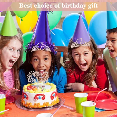 Miniatura 7 de Decoraciones de 7º cumpleaños para niña con banda y tiara, vela numérica y adorno para pastel, suministros de fiesta de oro rosa para niñas de 7 años