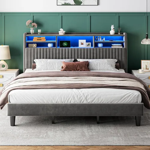 Miniatura 10 de Homkdom Base de cama de tamaño matrimonial, cabecera tapizada de canal vertical con estantes de almacenamiento, marco de cama de terciopelo con Beige