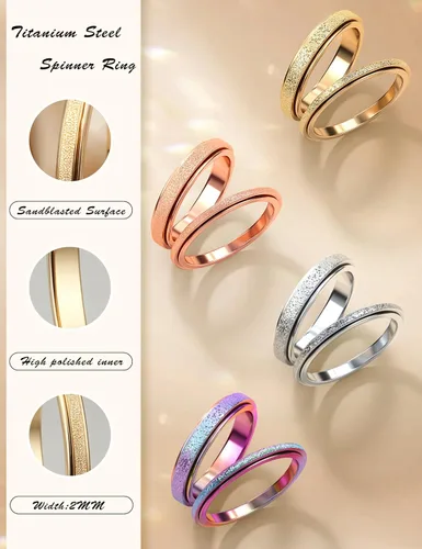 Miniatura 46 de Diamday Anillos antiestrés para mujeres y hombres – Anillo giratorio de acero inoxidable de 2/4 para aliviar la ansiedad y el estrés, con purpurina