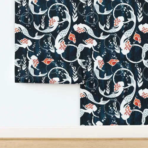 Miniatura 4 de Papel tapiz para despegar y pegar – Acuarela Sirena Natación Azul Marino Algas Coral Sirena Papel pintado extraíble personalizado por Spoonflower