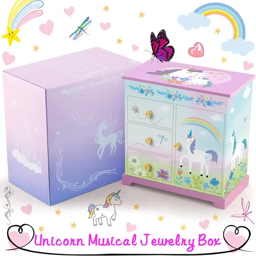Miniatura 14 de RR ROUND RICH DESIGN - Joyero musical para niñas con cajón y juego de joyas con tema de bailarina, melodía de “El lago de los cisnes”, color rosado