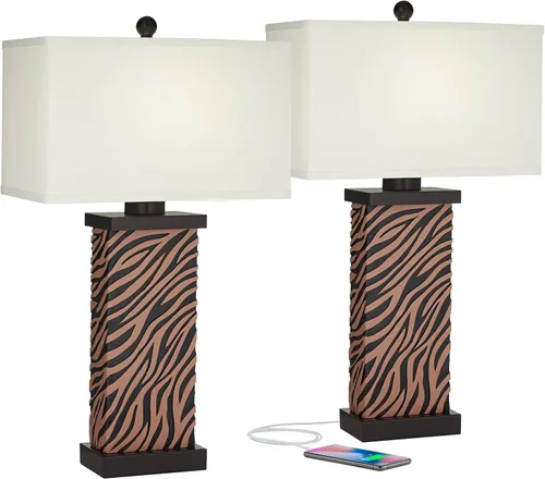 Miniatura 2 de 360 Lighting Juego de 2 lámparas de mesa modernas con puerto de carga USB de 27 pulgadas de alto, madera sintética de cebra, pantalla rectangular