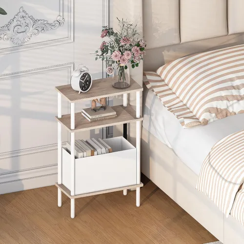 Miniatura 2 de Mesa auxiliar estrecha con cesta de tela, mesa auxiliar para espacios pequeños, mesita de noche delgada con estante de almacenamiento de 3 niveles