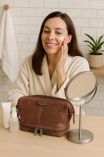Miniatura 2 de Neceser de cuero para hombre - Kit Dopp para viajes, afeitado, viajes nocturnos, Marrón, M