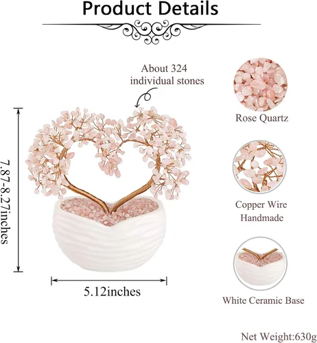Miniatura 7 de Jovivi - Árbol de dinero de cristal de cuarzo rosa en forma de corazón, bonsái curativo con gemas para ceremonia de boda, reiki, equilibrio