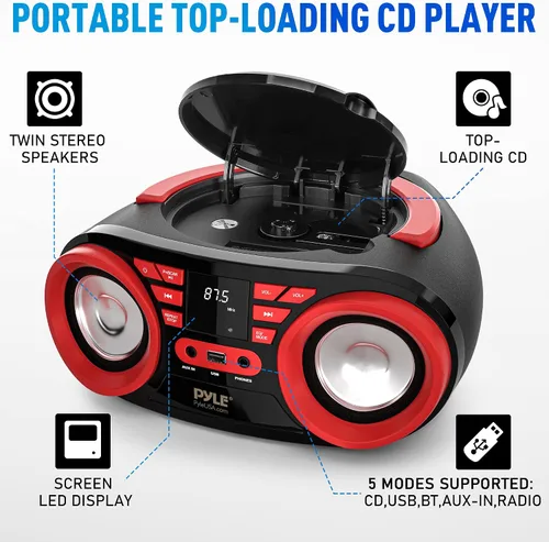 Miniatura 2 de Pyle Reproductor de CD portátil Bluetooth Boombox altavoz - Radio estéreo AM/FM y sonido de audio, compatible con CD-R-RW/MP3/WMA, USB, AUX