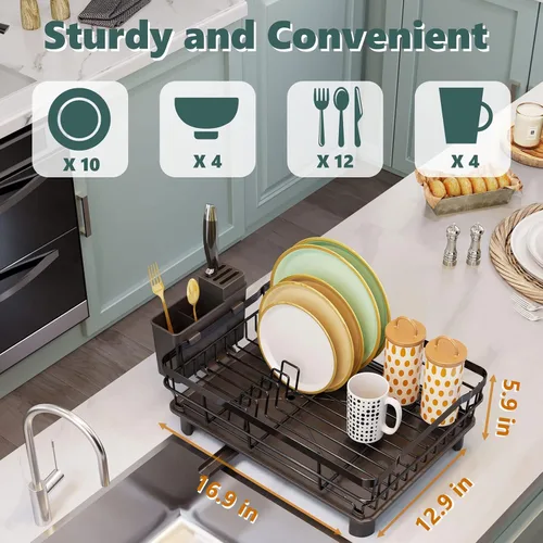 Miniatura 7 de AIDERLY Escurridor de platos de hierro con bandeja de goteo, escurreplatos para encimera de cocina, boquilla extensible con coladores