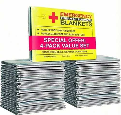 Rawyer - Mantas térmicas de supervivencia de emergencia (paquete de 4), mantas Mylar para exteriores, camping, senderismo, clima duro, hojas
