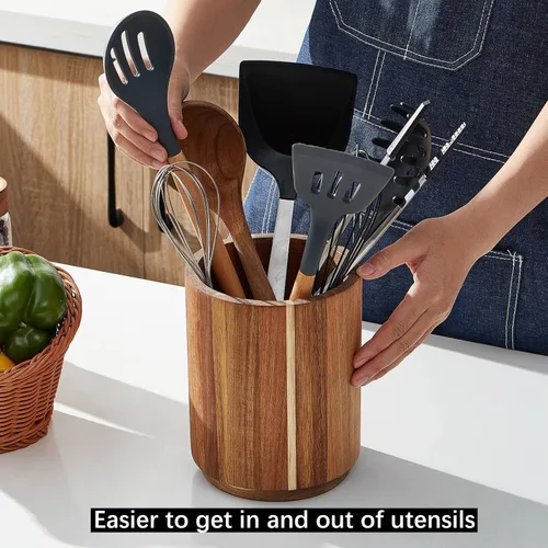 Miniatura 5 de Soporte para utensilios de madera de acacia para encimera de cocina, giratorio de 360° de 7.2 pulgadas, recipiente de madera para utensilios