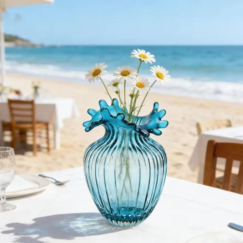 Miniatura 5 de ZAVOOS Jarrón de vidrio soplado a mano, jarrón azul decorativo de arte moderno para plantas de flores, jarrón único de burbujas para decoración