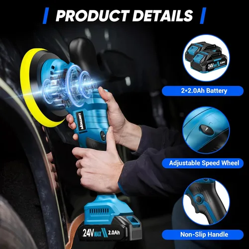 Miniatura 6 de LDHTHOPI Pulidora de búfer inalámbrica con batería de 2×2000mAh, kit de pulido de coche de alta potencia de 10000RPM 1600W con 6 velocidades