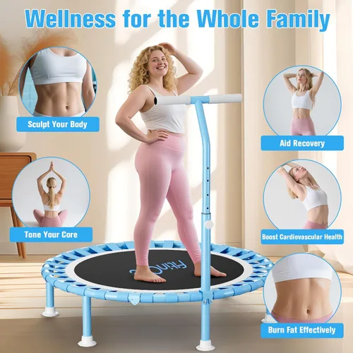 Miniatura 6 de 40" Fitness Mini Trampoline with Adjustable Handle Bar, 330lbs Foldable Bungee Rebounder for Adults and Kids, Stable & Quiet Exercise Rebounder