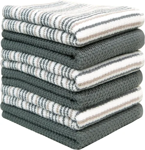 Miniatura 3 de Toallas de cocina de 16 x 26 pulgadas, paquete de 6 paños de cocina grandes de algodón, diseño de rayas de palomitas de maíz, 430 GSM, altamente Gris