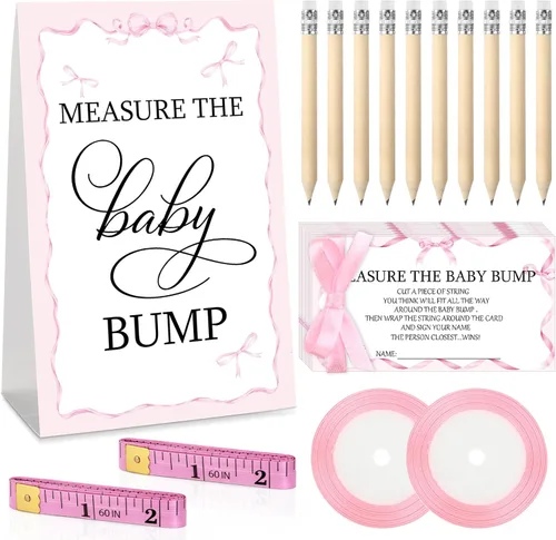 Miniatura 9 de Fumete Juego de 65 piezas para baby shower, incluye letrero bohemio de medir la protuberancia del bebé, 50 tarjetas de adivinanzas, 10 lápices, 2