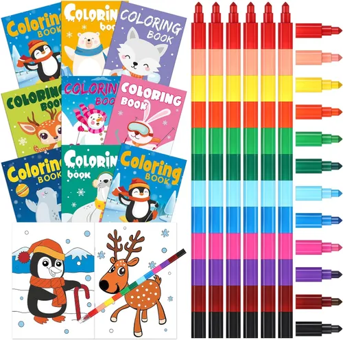 Funrous 24 piezas de libros para colorear de invierno de Navidad a granel con 24 crayones apilables, páginas para dibujar de osos polares, muñecos