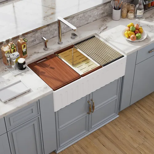 Miniatura 20 de Farm - Fregadero de cocina reversible con 24 unidades, color blanco, 24 x 18 pulgadas, delantal frontal de porcelana blanca, de cerámica y arcilla